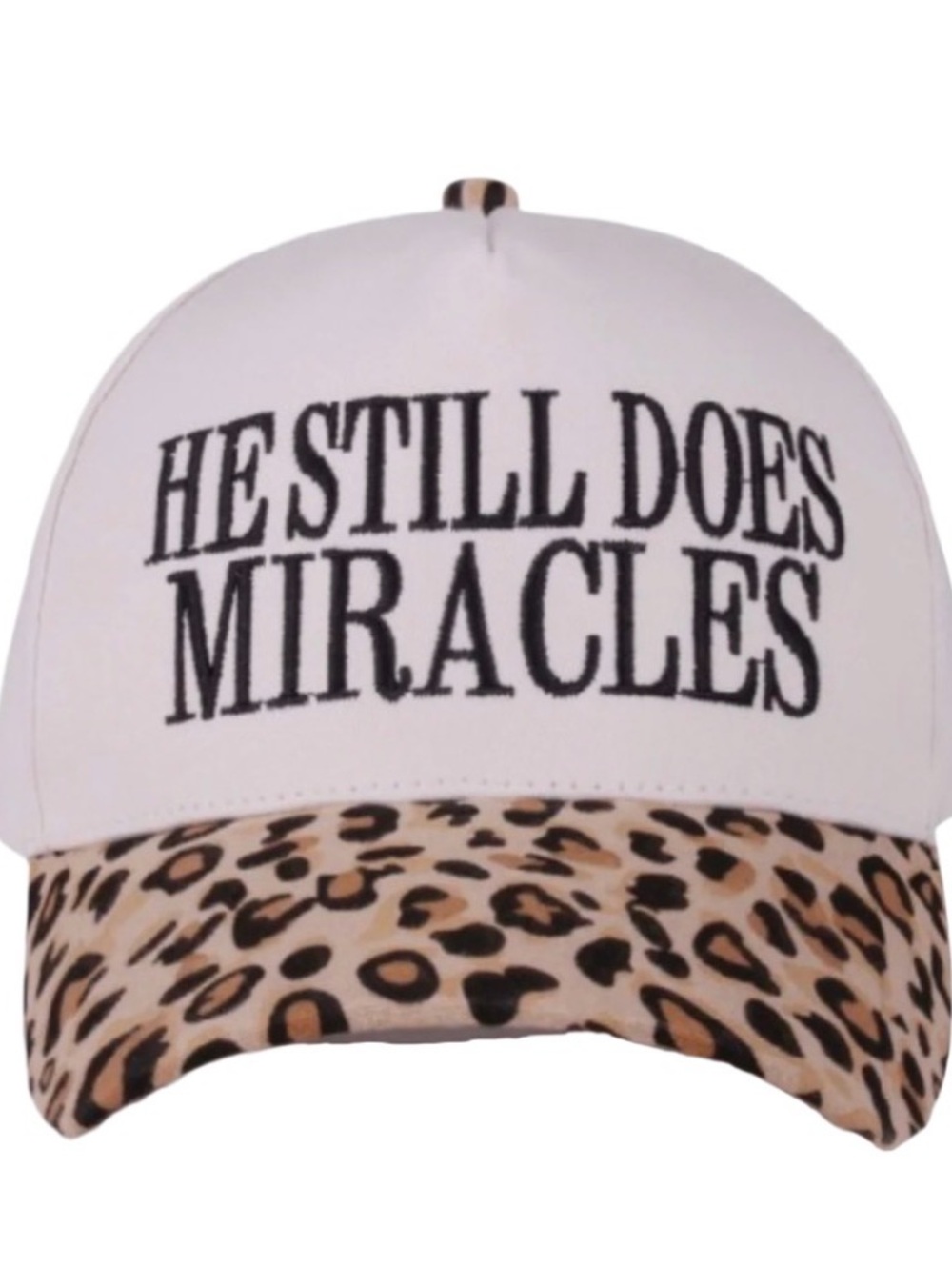 White Baseball Cap with Leopard Bill - He Still Does Miracles